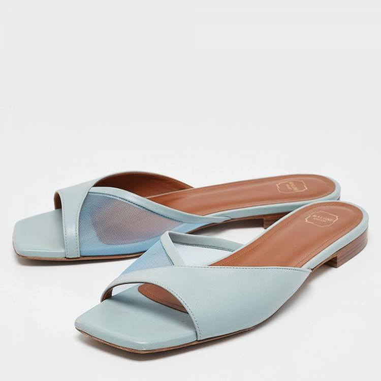 Pre Owned Malone Souliers Blue Leather and Mesh Vida Flat Slides Size 37.5