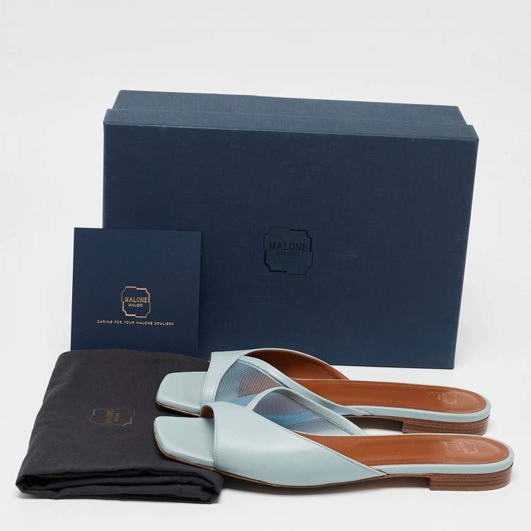 Pre Owned Malone Souliers Blue Leather and Mesh Vida Flat Slides Size 37.5