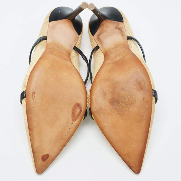 Pre Owned Malone Souliers Beige Leather and Woven Raffia Maureen Pumps Size 39.5