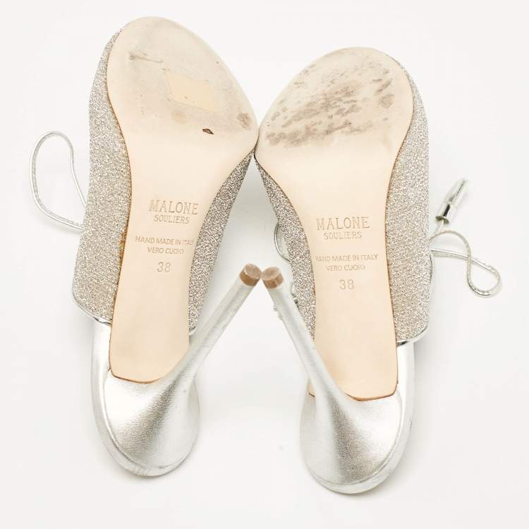 مملوكة مسبقًا Malone Souliers Silver Leather and Lurex Fabric Lace Up Mules Size 38