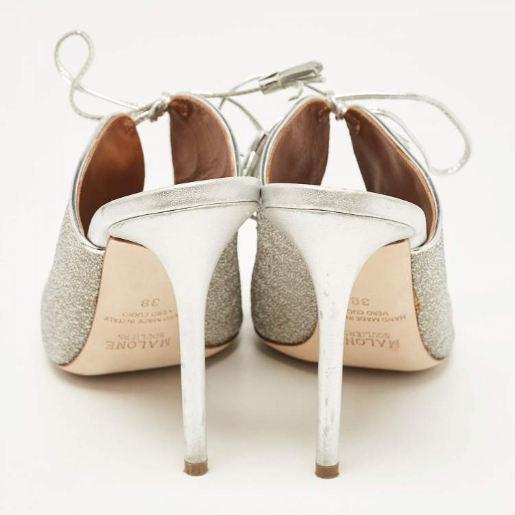 مملوكة مسبقًا Malone Souliers Silver Leather and Lurex Fabric Lace Up Mules Size 38