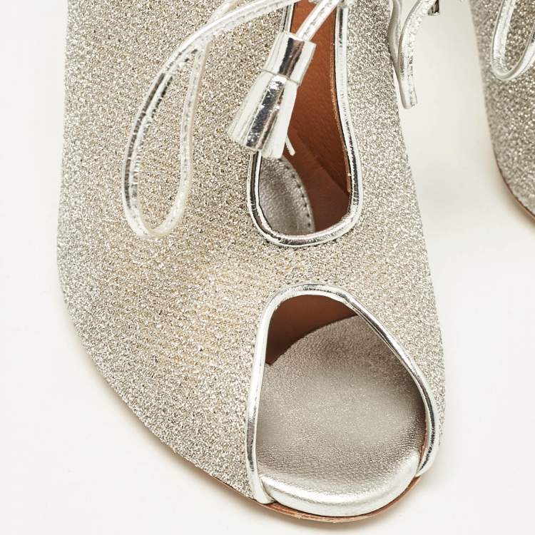 مملوكة مسبقًا Malone Souliers Silver Leather and Lurex Fabric Lace Up Mules Size 38