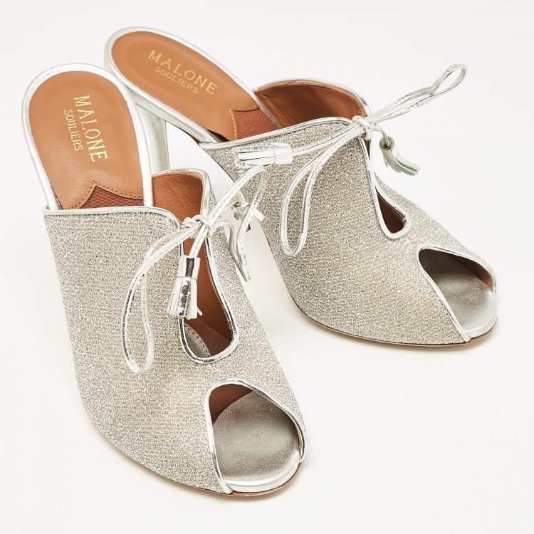 مملوكة مسبقًا Malone Souliers Silver Leather and Lurex Fabric Lace Up Mules Size 38