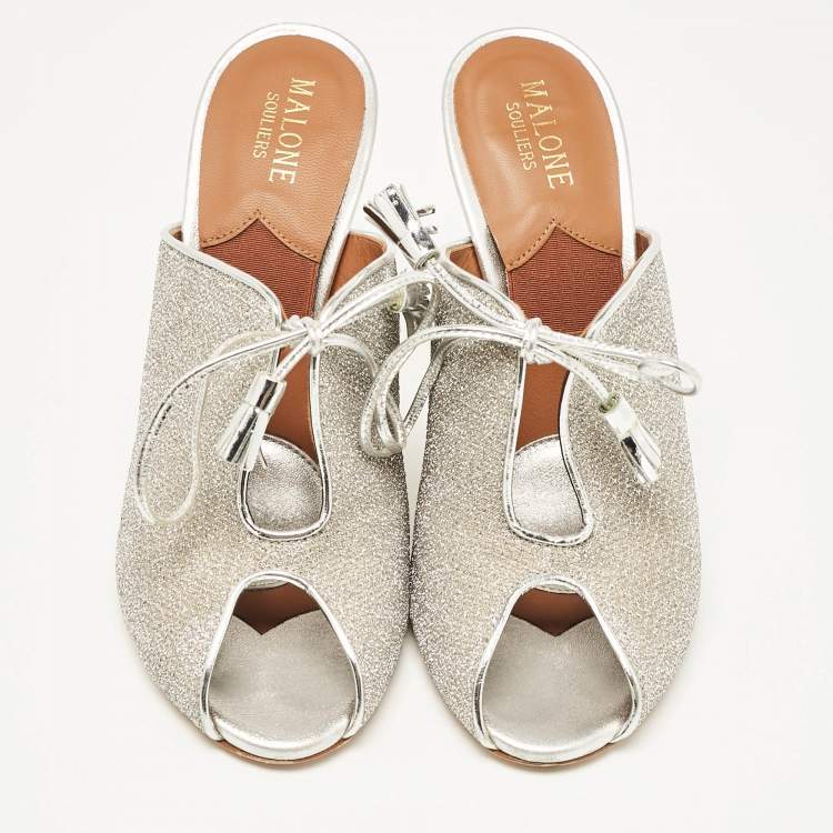 مملوكة مسبقًا Malone Souliers Silver Leather and Lurex Fabric Lace Up Mules Size 38