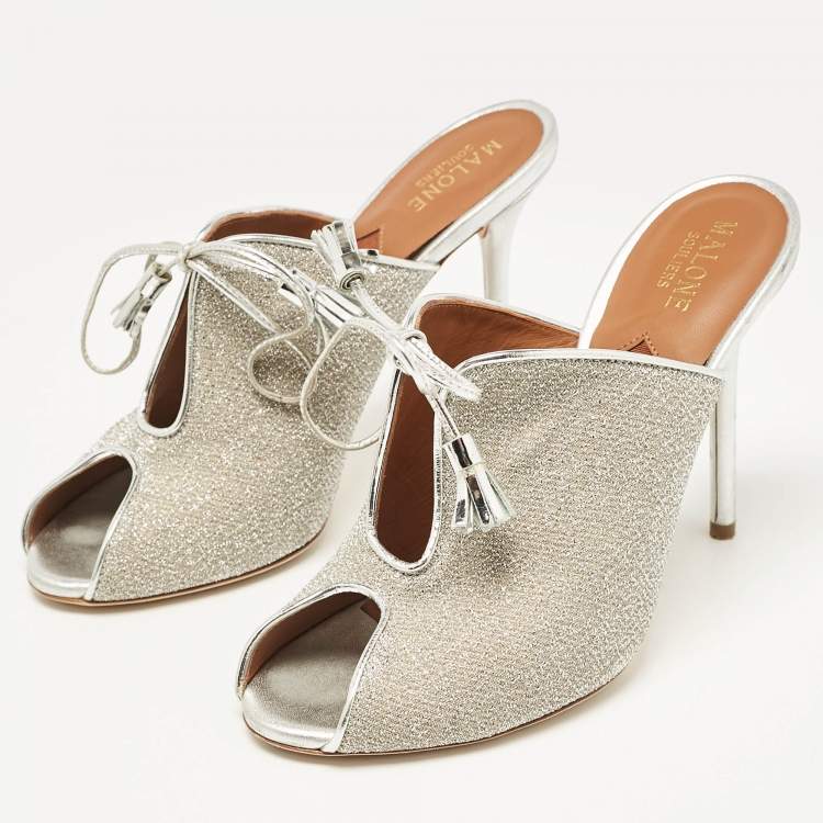 مملوكة مسبقًا Malone Souliers Silver Leather and Lurex Fabric Lace Up Mules Size 38