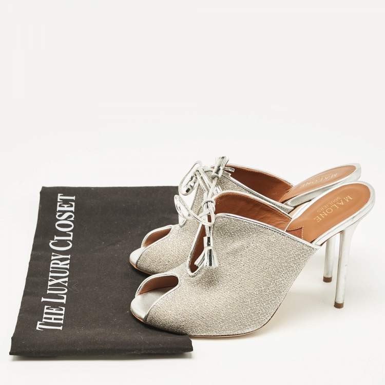 مملوكة مسبقًا Malone Souliers Silver Leather and Lurex Fabric Lace Up Mules Size 38