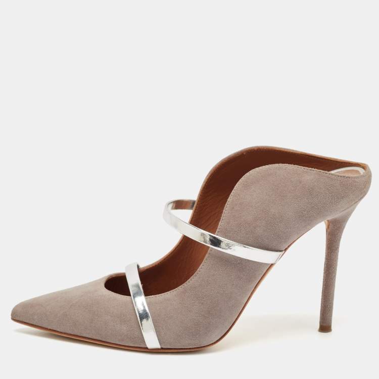 مملوكة مسبقًا Malone Souliers Grey/Silver Suede and Leather Maureen Mules Size 38.5