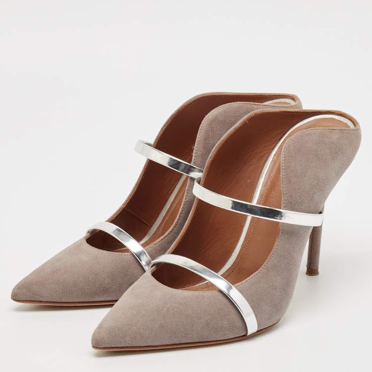 مملوكة مسبقًا Malone Souliers Grey/Silver Suede and Leather Maureen Mules Size 38.5