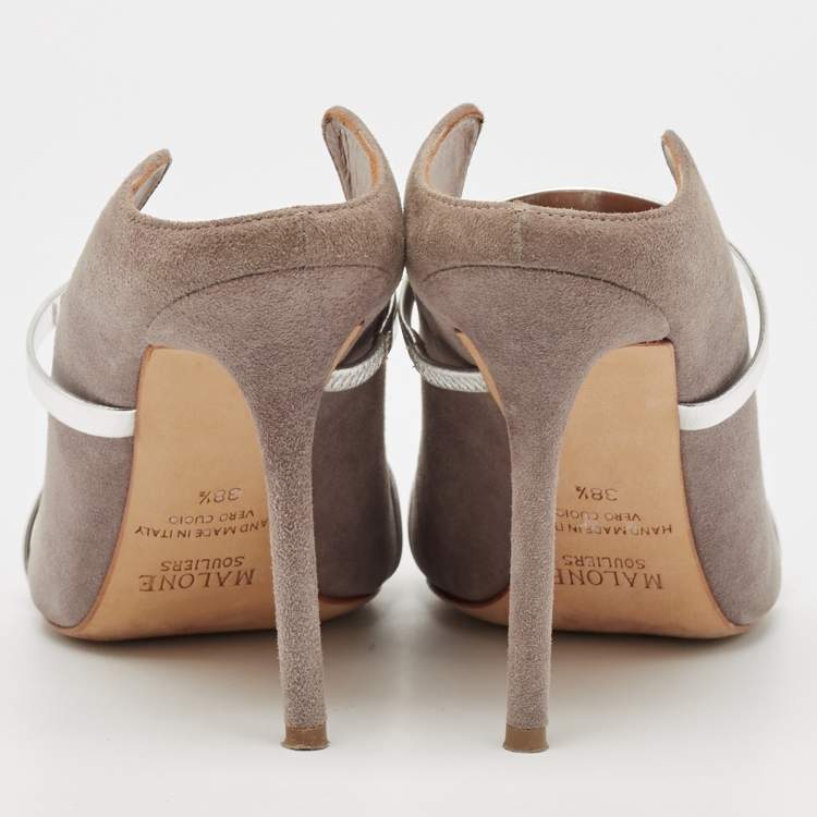 مملوكة مسبقًا Malone Souliers Grey/Silver Suede and Leather Maureen Mules Size 38.5