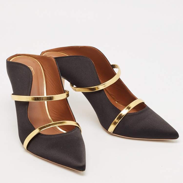 مملوكة مسبقًا Malone Souliers Black/Gold Leather and Satin Maureen Mules Size 40