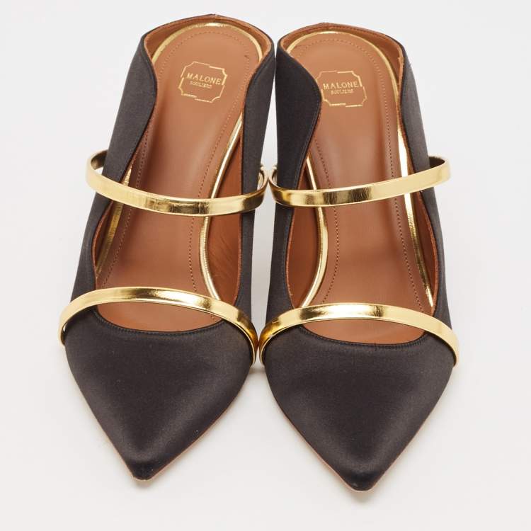 مملوكة مسبقًا Malone Souliers Black/Gold Leather and Satin Maureen Mules Size 40