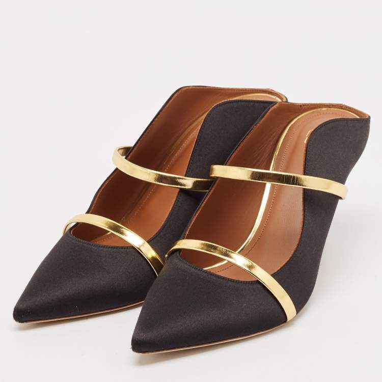 مملوكة مسبقًا Malone Souliers Black/Gold Leather and Satin Maureen Mules Size 40