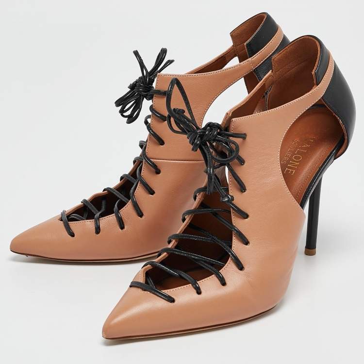 Pre Owned Malone Souliers Beige/Black Leather Montana Lace Up Pumps Size 38