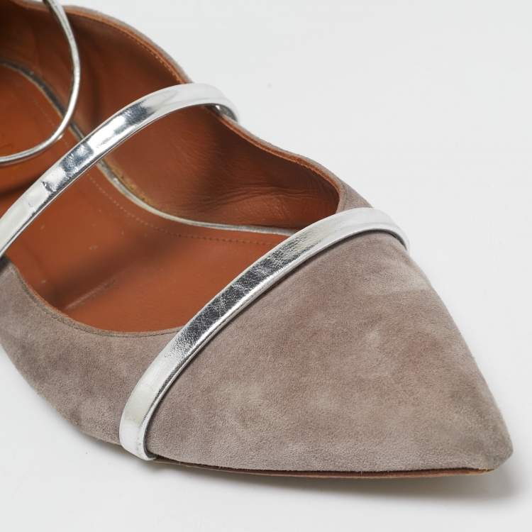 Pre Owned Malone Souliers Grey/Silver Suede and Leather Robyn Flats Size 40.5