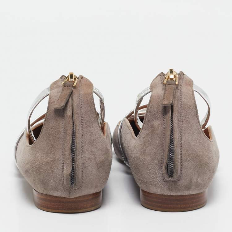 Pre Owned Malone Souliers Grey/Silver Suede and Leather Robyn Flats Size 40.5