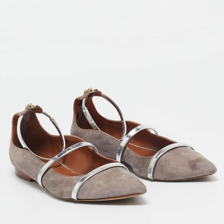 Pre Owned Malone Souliers Grey/Silver Suede and Leather Robyn Flats Size 40.5
