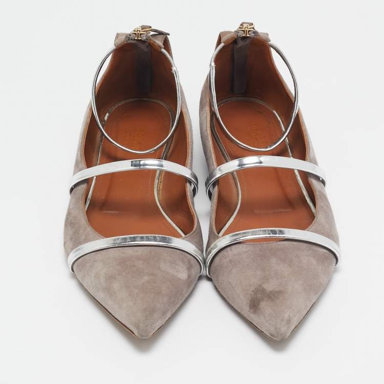 Pre Owned Malone Souliers Grey/Silver Suede and Leather Robyn Flats Size 40.5