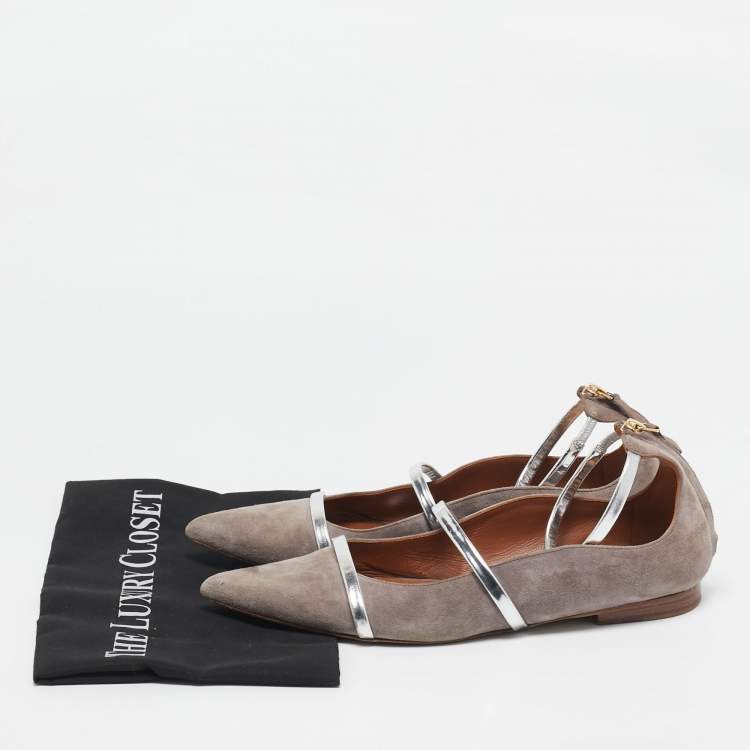 Pre Owned Malone Souliers Grey/Silver Suede and Leather Robyn Flats Size 40.5