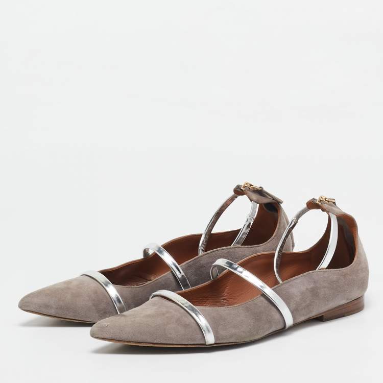 Pre Owned Malone Souliers Grey/Silver Suede and Leather Robyn Flats Size 40.5