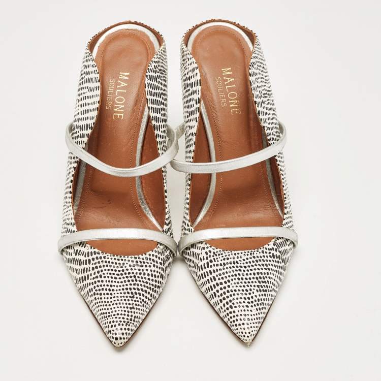 Pre Owned Malone Souliers White/Black Snakeskin Leather Maureen Mules Size 39