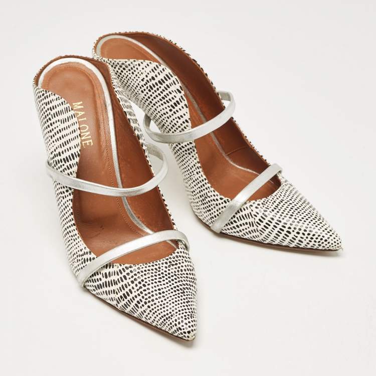Pre Owned Malone Souliers White/Black Snakeskin Leather Maureen Mules Size 39