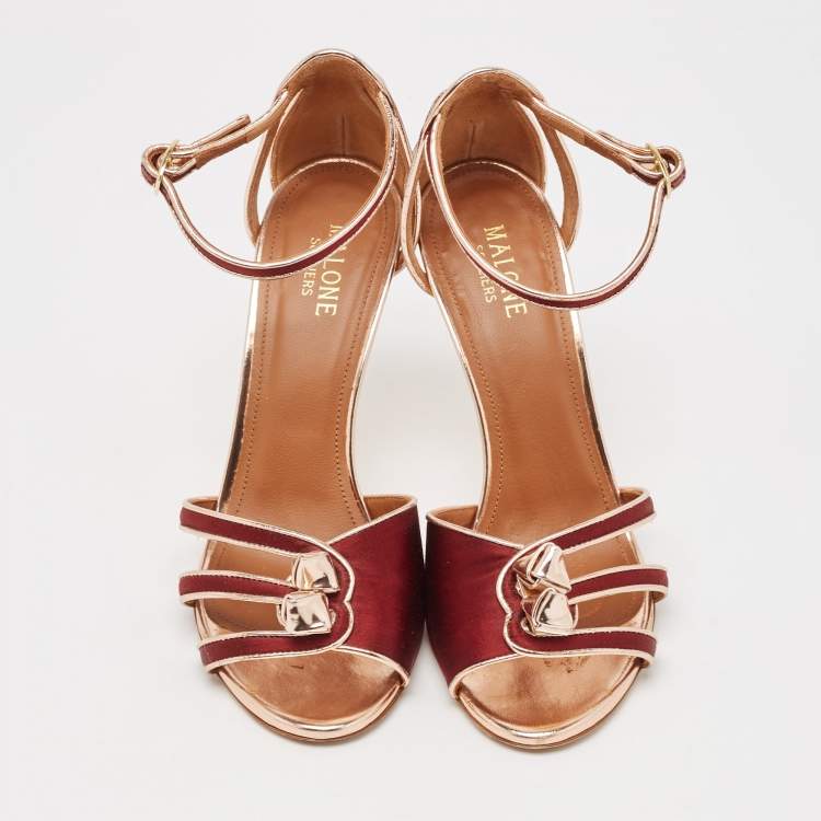 Pre Owned Malone Souliers Burgundy/Gold Leather and Satin Ankle Strap Sandals Size 38
