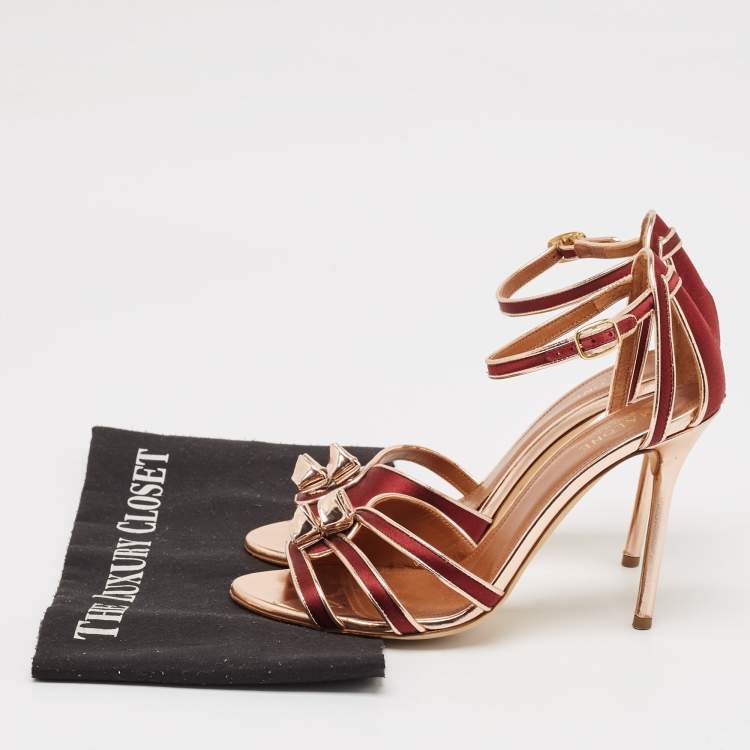 Pre Owned Malone Souliers Burgundy/Gold Leather and Satin Ankle Strap Sandals Size 38