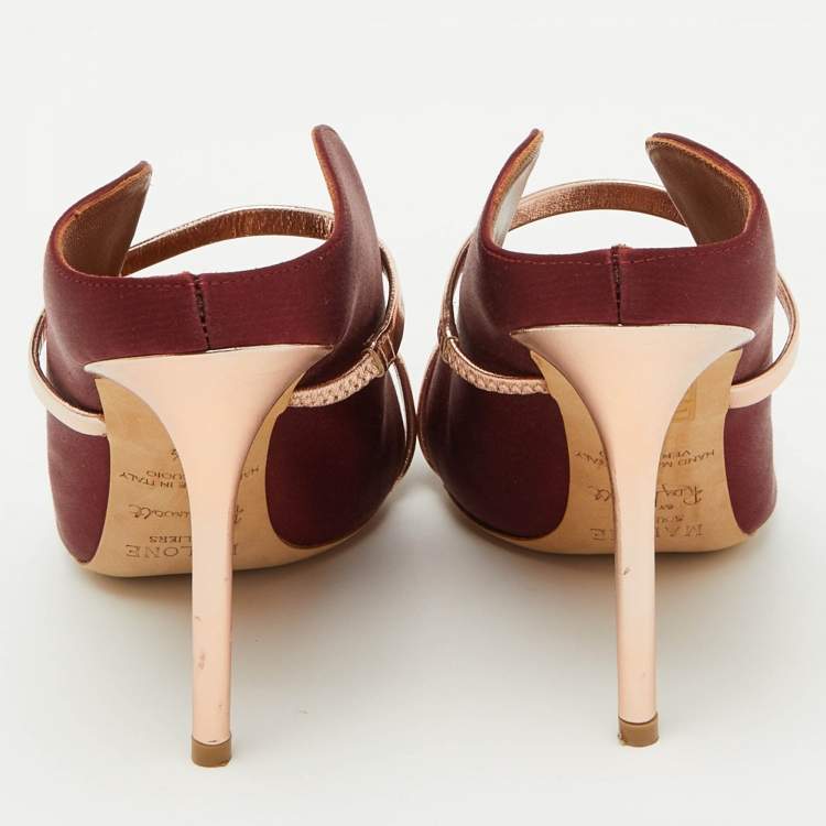 مملوكة مسبقًا Malone Souliers Burgundy/Rose Gold Satin and Leather Maureen Mules Size 37.5