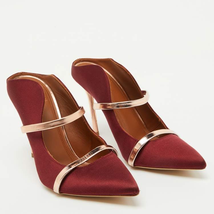 مملوكة مسبقًا Malone Souliers Burgundy/Rose Gold Satin and Leather Maureen Mules Size 37.5