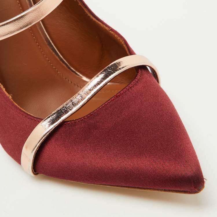 مملوكة مسبقًا Malone Souliers Burgundy/Rose Gold Satin and Leather Maureen Mules Size 37.5