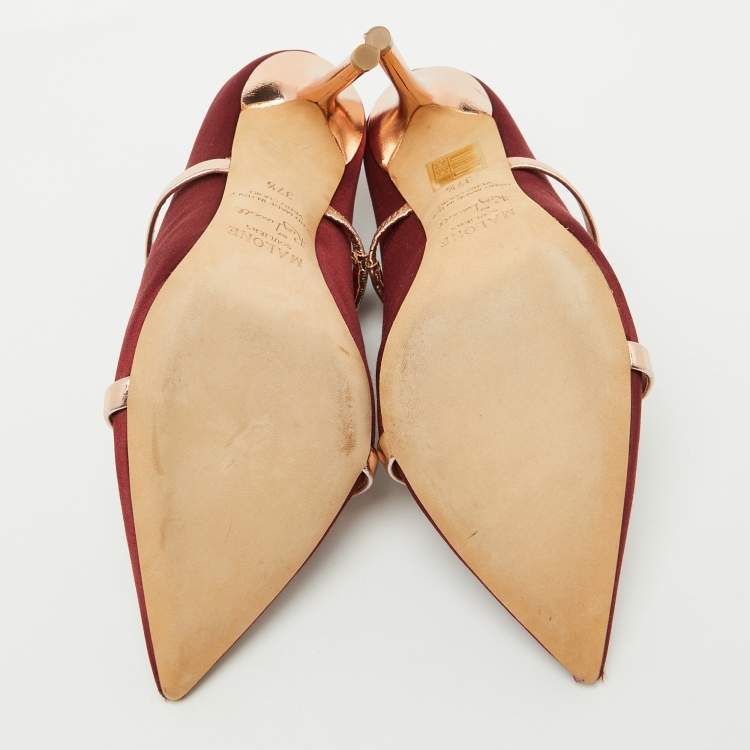 مملوكة مسبقًا Malone Souliers Burgundy/Rose Gold Satin and Leather Maureen Mules Size 37.5