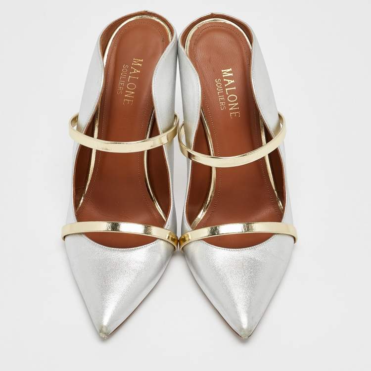 Pre Owned Malone Souliers Silver Leather Maureen Mules Size 38
