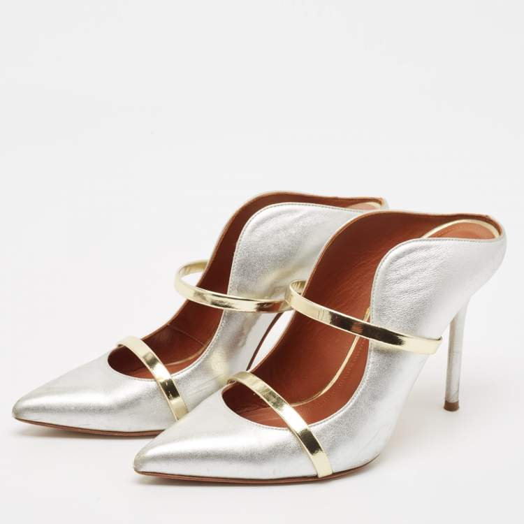 Pre Owned Malone Souliers Silver/Gold Leather Maureen Pointed Toe Mules Size 37