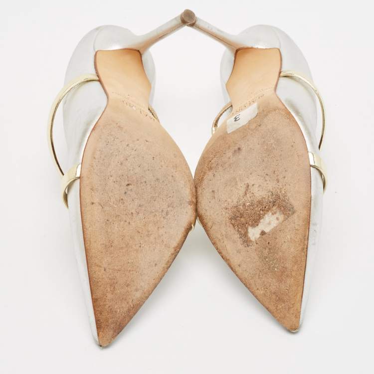 Pre Owned Malone Souliers Silver/Gold Leather Maureen Pointed Toe Mules Size 37