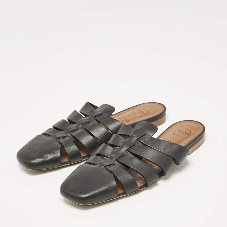 Pre Owned Malone Souliers x Deveaux Black Leather Strappy Flat Mules Size 38.5