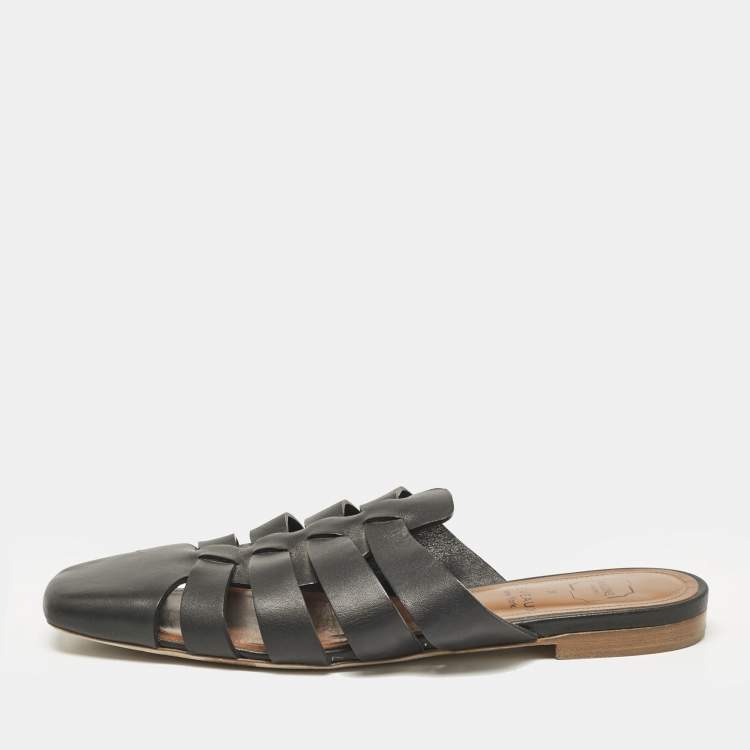 Pre Owned Malone Souliers x Deveaux Black Leather Strappy Flat Mules Size 38.5