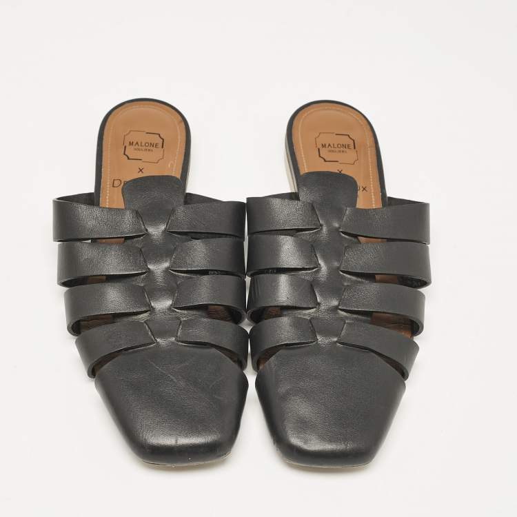Pre Owned Malone Souliers x Deveaux Black Leather Strappy Flat Mules Size 38.5