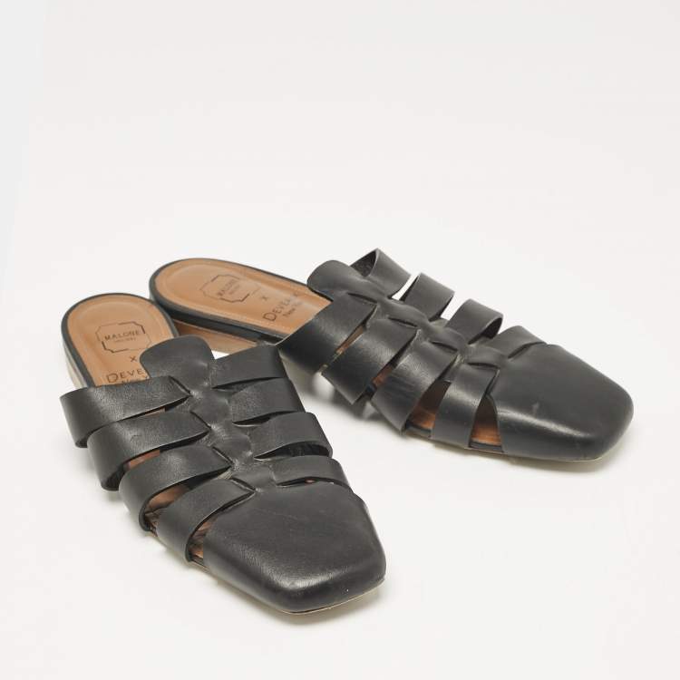 Pre Owned Malone Souliers x Deveaux Black Leather Strappy Flat Mules Size 38.5