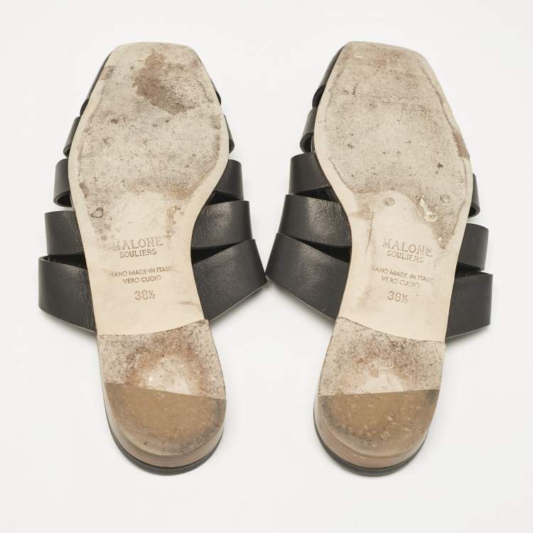 Pre Owned Malone Souliers x Deveaux Black Leather Strappy Flat Mules Size 38.5