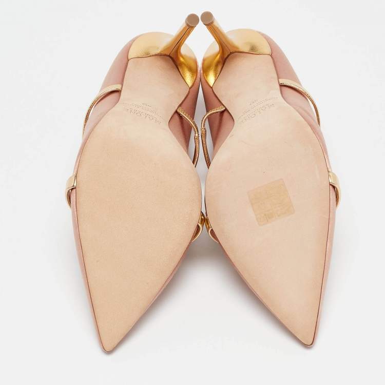 Pre Owned Malone Souliers Gold Leather and Satin Maureen Pointed Toe Pumps Size 40