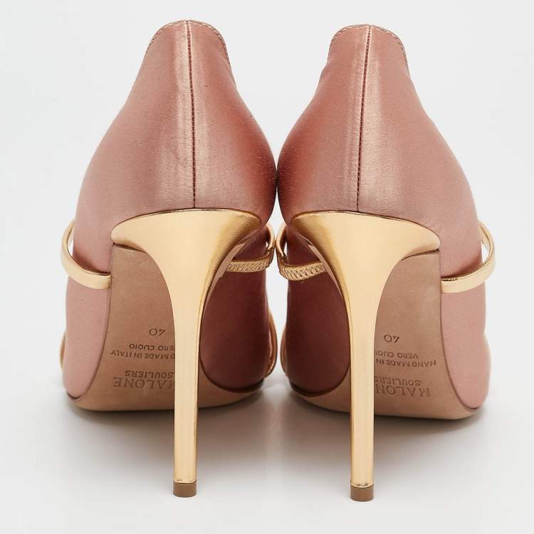 Pre Owned Malone Souliers Gold Leather and Satin Maureen Pointed Toe Pumps Size 40