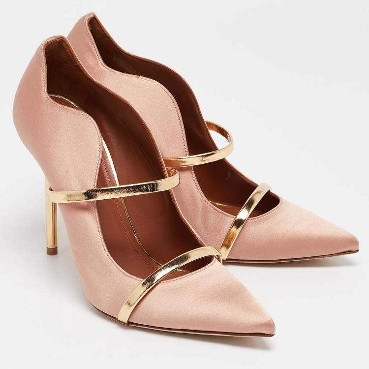 Pre Owned Malone Souliers Gold Leather and Satin Maureen Pointed Toe Pumps Size 40