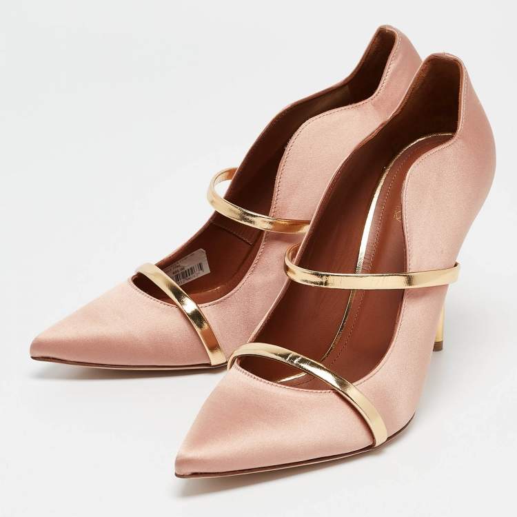 Pre Owned Malone Souliers Gold Leather and Satin Maureen Pointed Toe Pumps Size 40