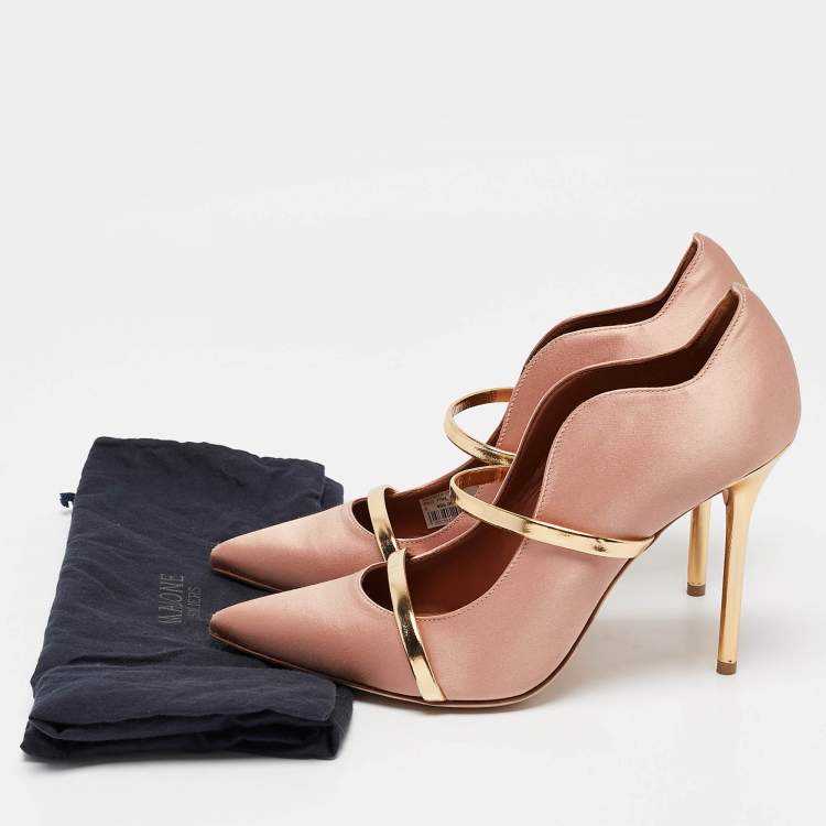 Pre Owned Malone Souliers Gold Leather and Satin Maureen Pointed Toe Pumps Size 40