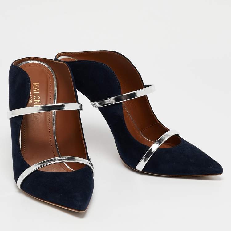 Pre Owned Malone Souliers Navy Blue/Silver Suede and Leather Maureen Mules Size 38.5