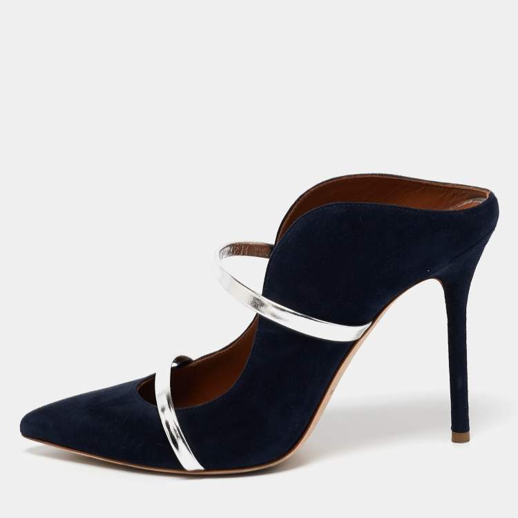 Pre Owned Malone Souliers Navy Blue/Silver Suede and Leather Maureen Mules Size 38.5