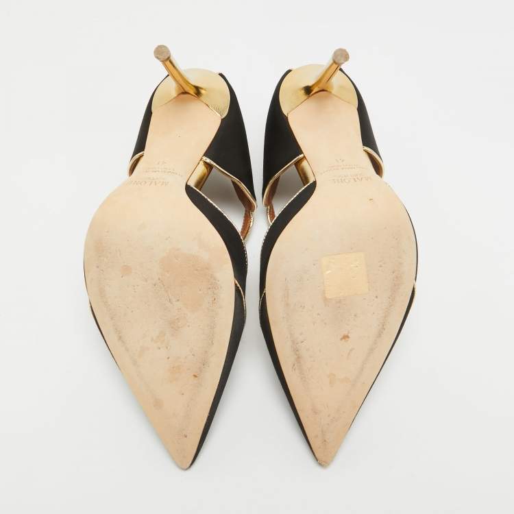 Pre Owned Malone Souliers Black/Gold Satin And Leather Imogen Pointed Toe Sandals Size 41