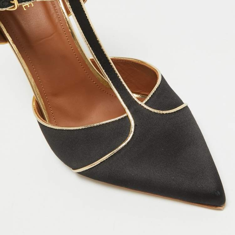 Pre Owned Malone Souliers Black/Gold Satin And Leather Imogen Pointed Toe Sandals Size 41