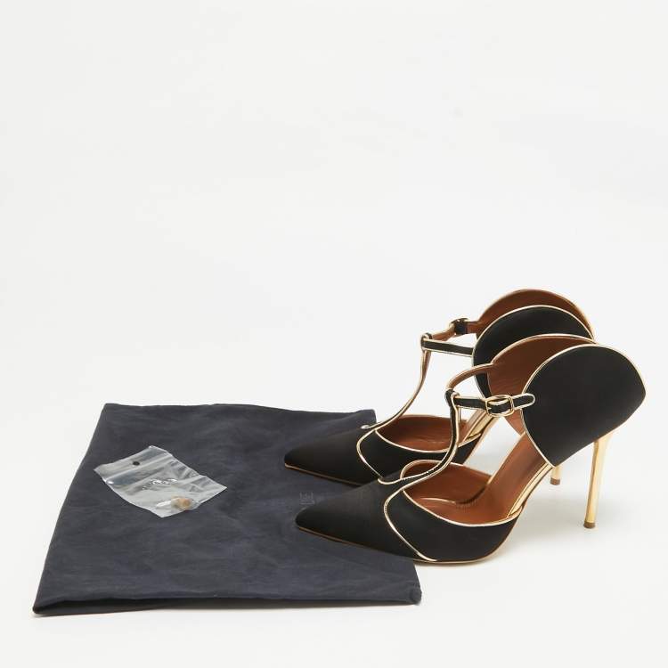 Pre Owned Malone Souliers Black/Gold Satin And Leather Imogen Pointed Toe Sandals Size 41