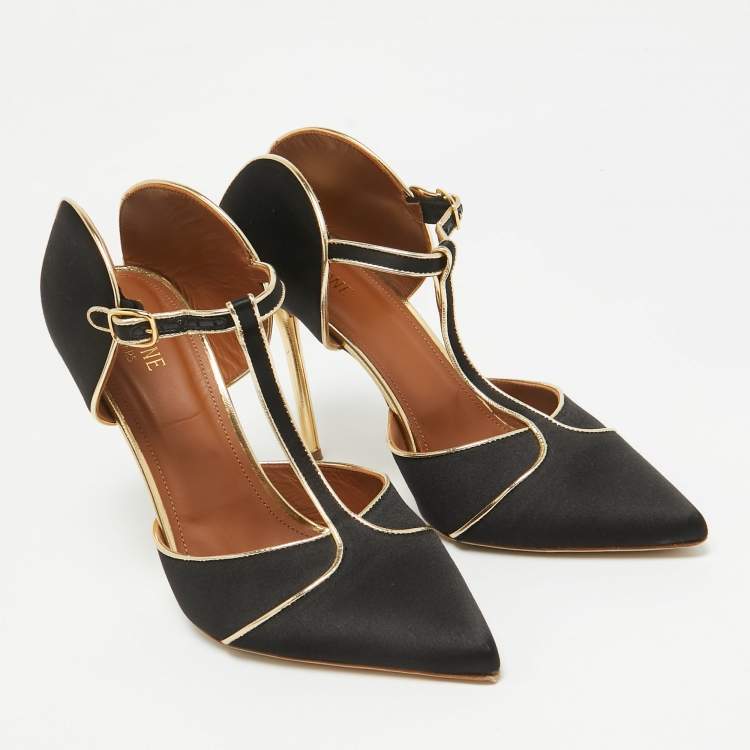 Pre Owned Malone Souliers Black/Gold Satin And Leather Imogen Pointed Toe Sandals Size 41